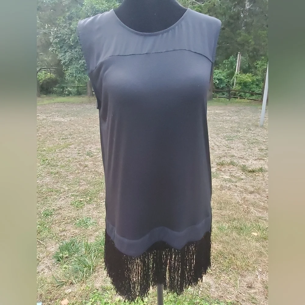 J.Crew Women Size S Solid Black Fringe‎ Tank Drape Top Tunic